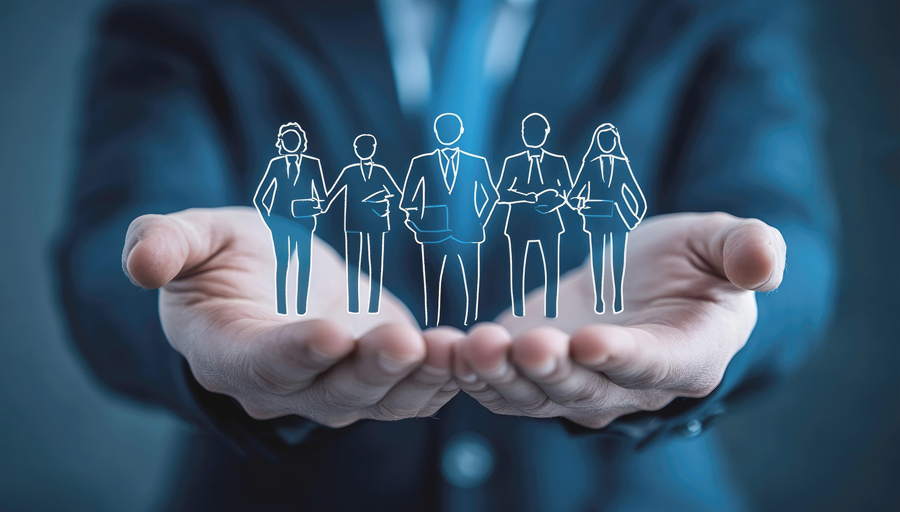 Title photo: hands stretched out and balancing various figures in business attire, drawn in white over the predominantly blue background of a business suit.